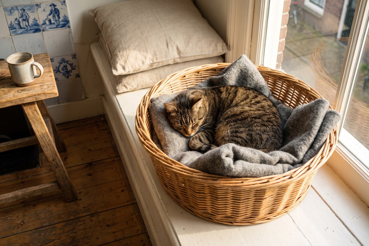 Gestreepte kat slaapt opgekruld op een grijze deken in een rieten mand op een vensterbank, naast Delfts blauwe tegels
