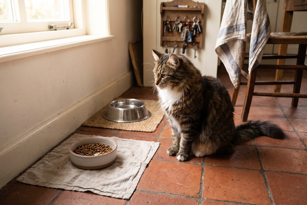 Maine coon-kruising zit op een tegelvloer in de keuken, met een voerbak en op afstand een aparte waterbak en een sleutelrekje aan de muur
