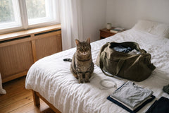 Getijgerde kat zit op een bed naast een half gepakte reistas en opgevouwen shirts