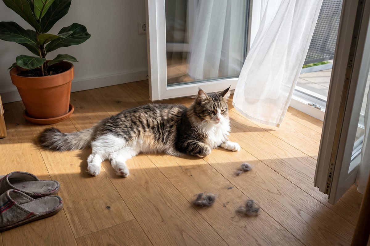 Maine coon kruising ligt in een zonnestraal op de houten vloer met losse plukjes ondervacht ernaast