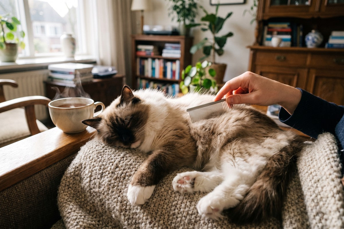 Hand kamt een halflanghaar kat rustig met een metalen kam, de kat ligt op een gebreide deken in een fauteuil