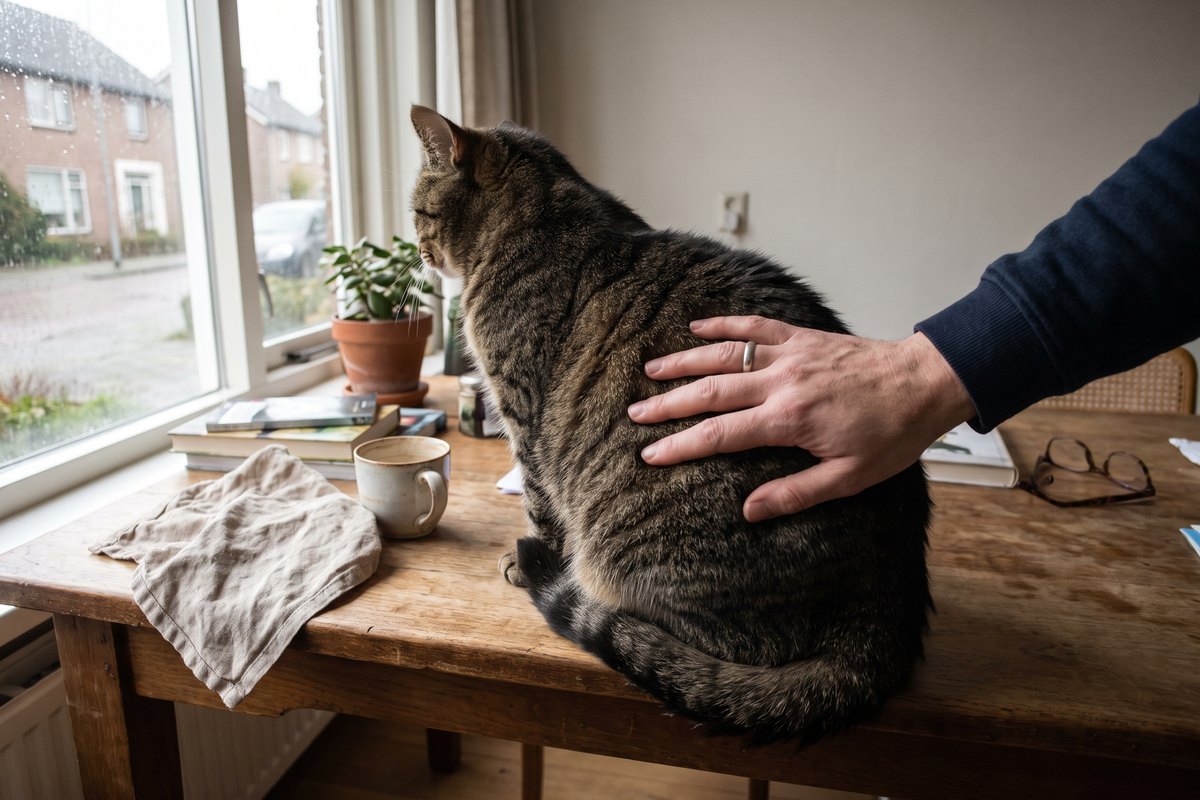 Hand ligt rustig op de rug van een gestreepte kat die op een houten tafel bij het raam zit