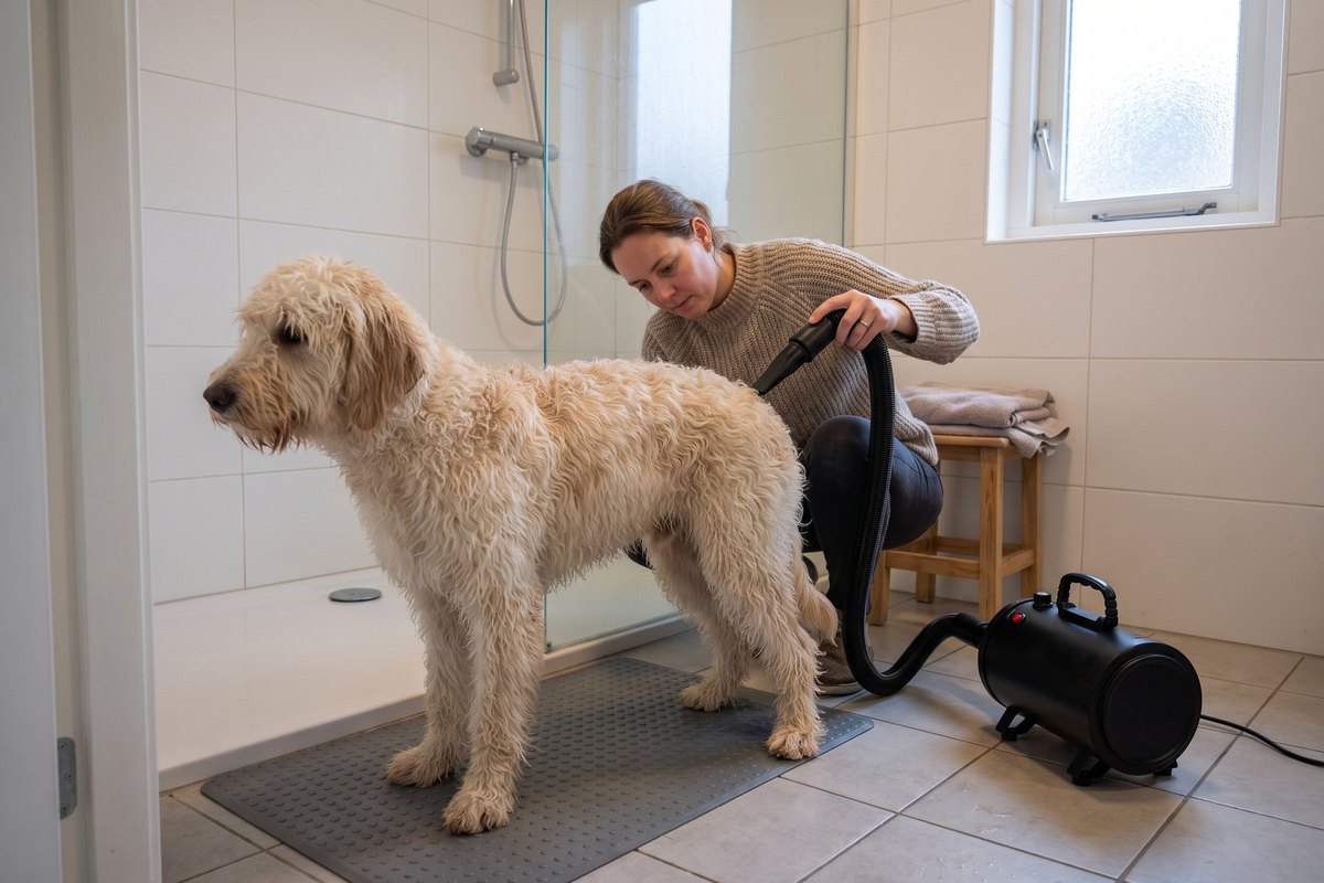 Vrouw droogt de achterhand van een natte crèmekleurige labradoodle met de slang van een zwarte waterblazer in de badkamer