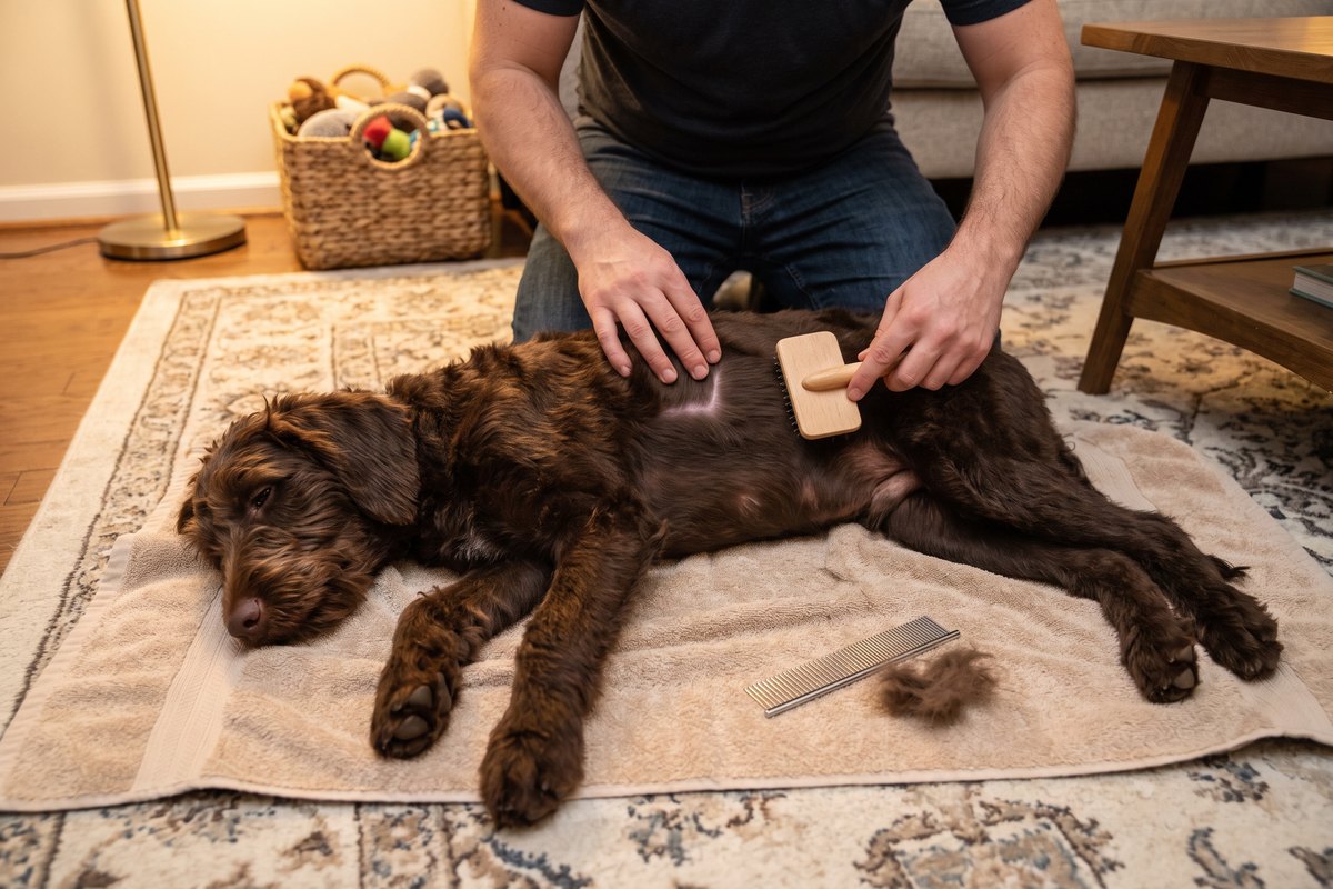 Man borstelt de flank van een liggende bruine labradoodle in laagjes met een slickerborstel, een metalen kam ligt op de handdoek