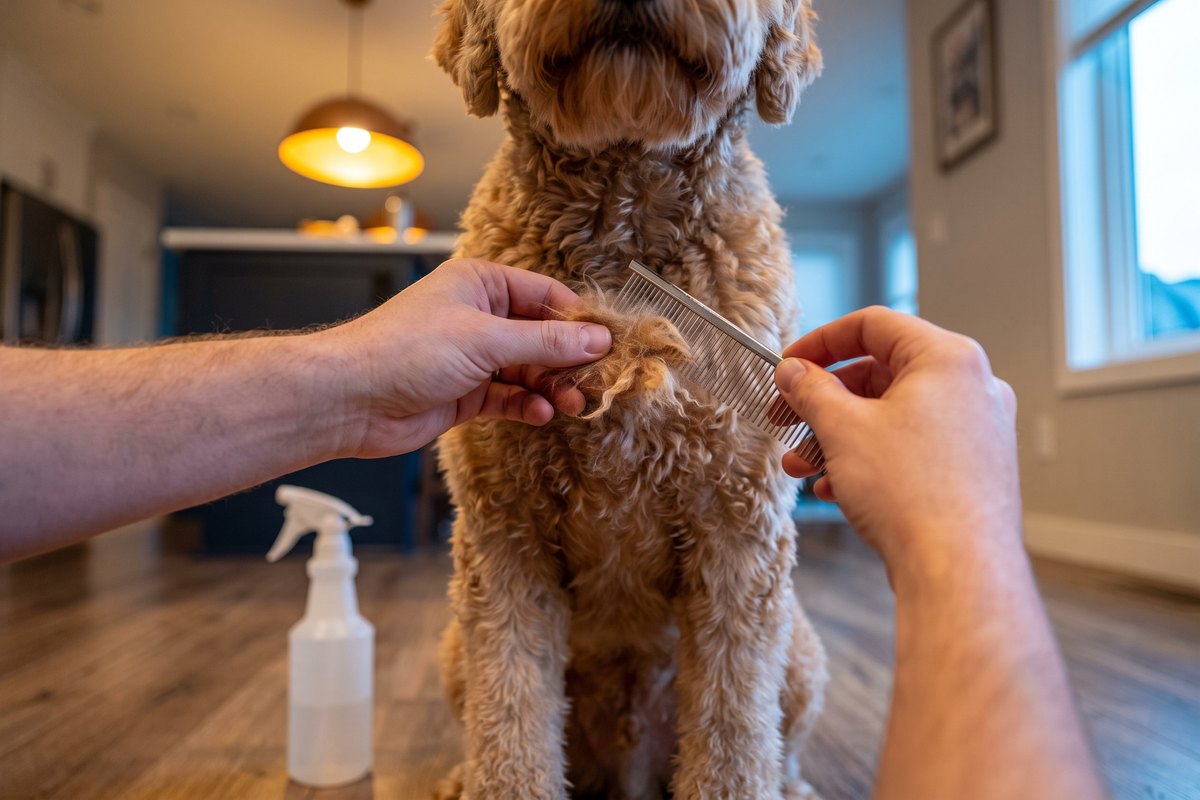 Vingers houden een klit op de borst van een apricot labradoodle vast bij de huid terwijl de kam de punten ontwart