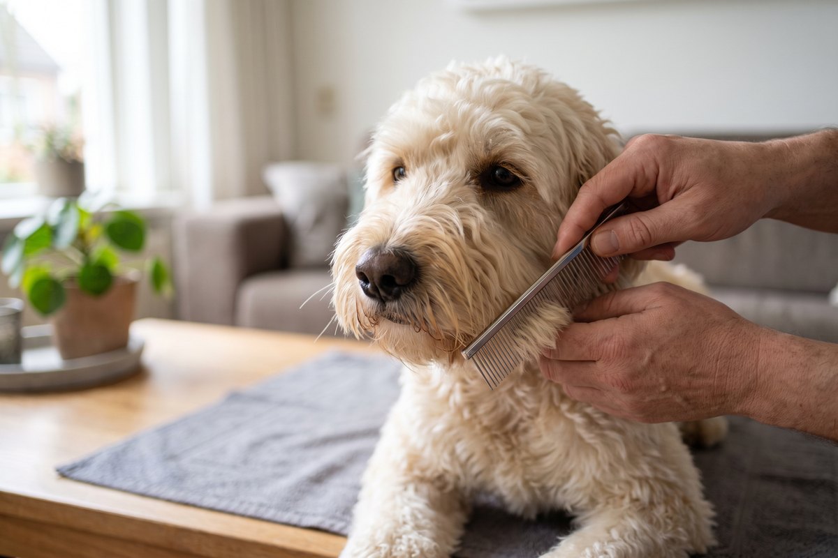 Baard en wang van een crèmekleurige Labradoodle worden met een metalen kam uitgekamd, de snorharen blijven staan