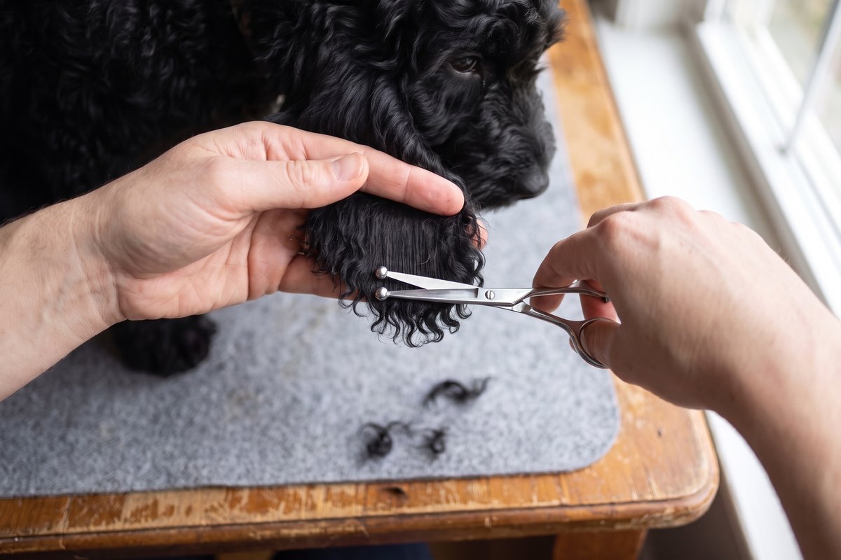 Oor van een zwarte Labradoodle ligt tussen duim en vingers, het uitstekende haar onder de oorrand wordt geknipt met een bolletjesschaar