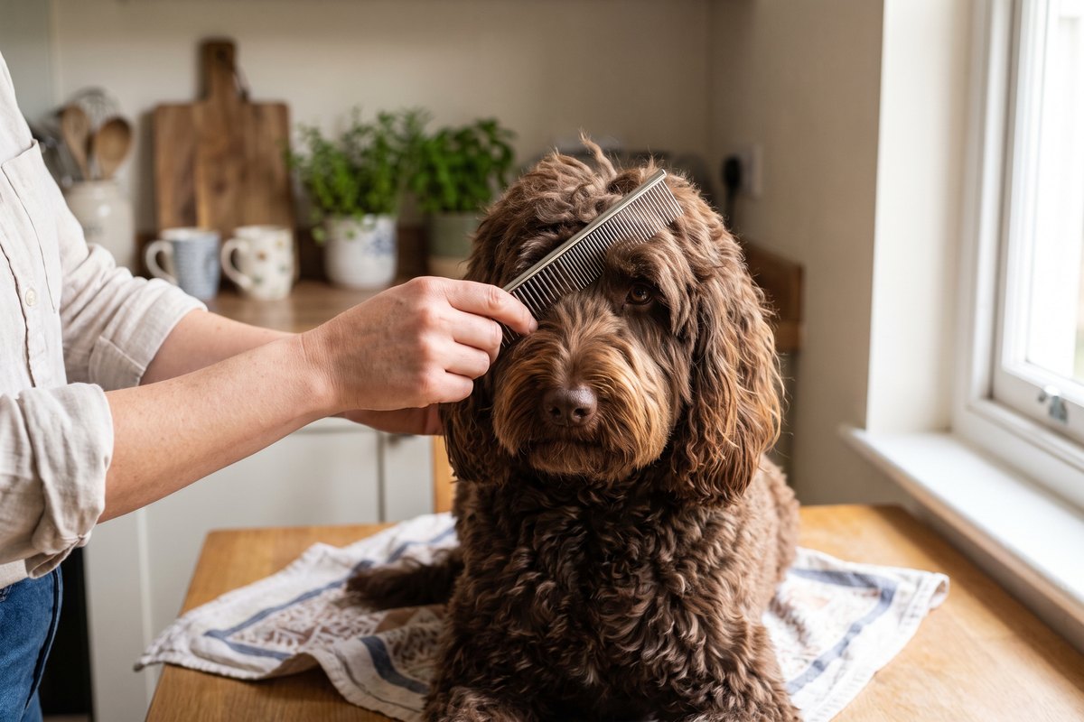 Pony van een bruine Labradoodle wordt met een metalen kam naar voren gekamd voor het knippen