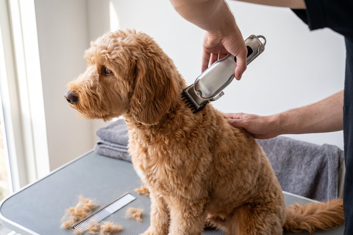 Zilveren draadloze tondeuse met opzetkam gaat van onder het oor naar beneden over de hals van een apricot Labradoodle