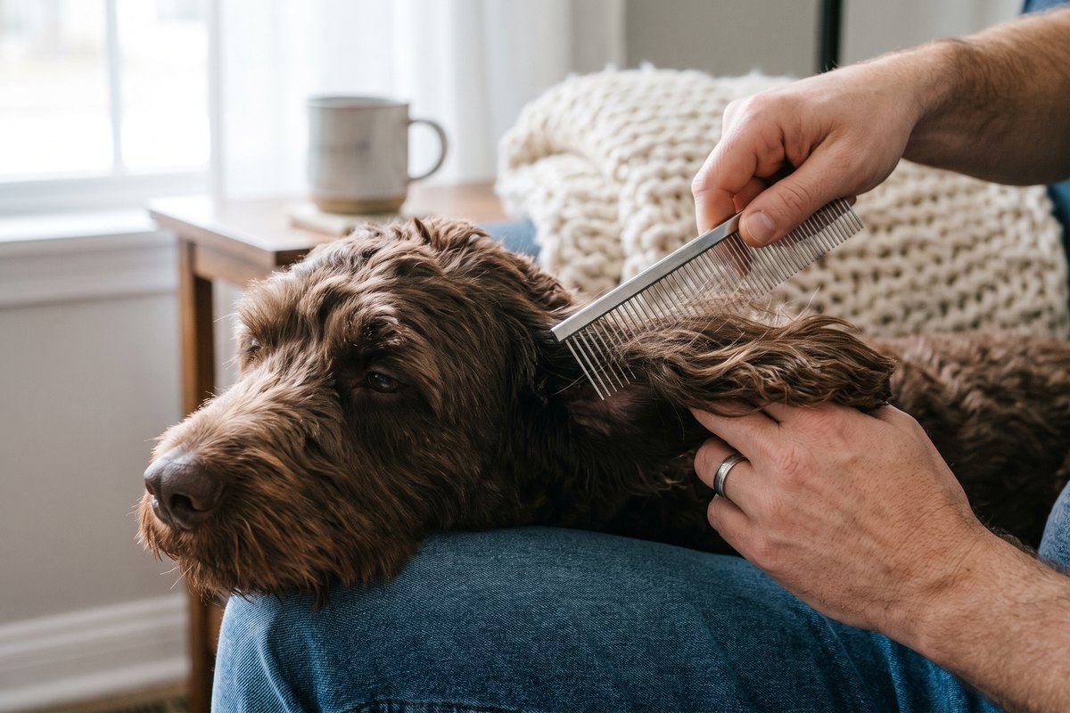 Man houdt het oor van een bruine labradoodle op zijn hand en haalt een metalen kam door het lange oorhaar