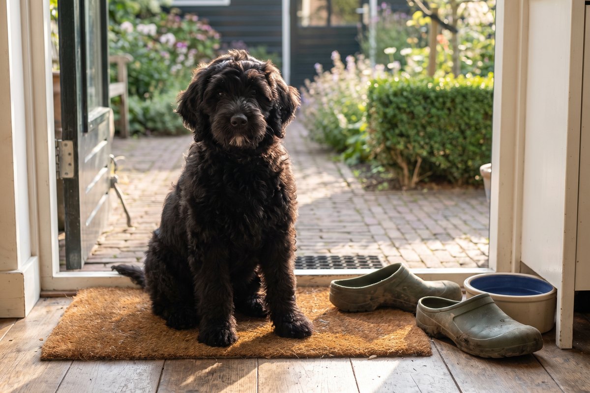 Zwarte labradoodle-pup met zachte, pluizige puppyvacht, snorretje en wenkbrauwen zit op de deurmat bij de open tuindeur