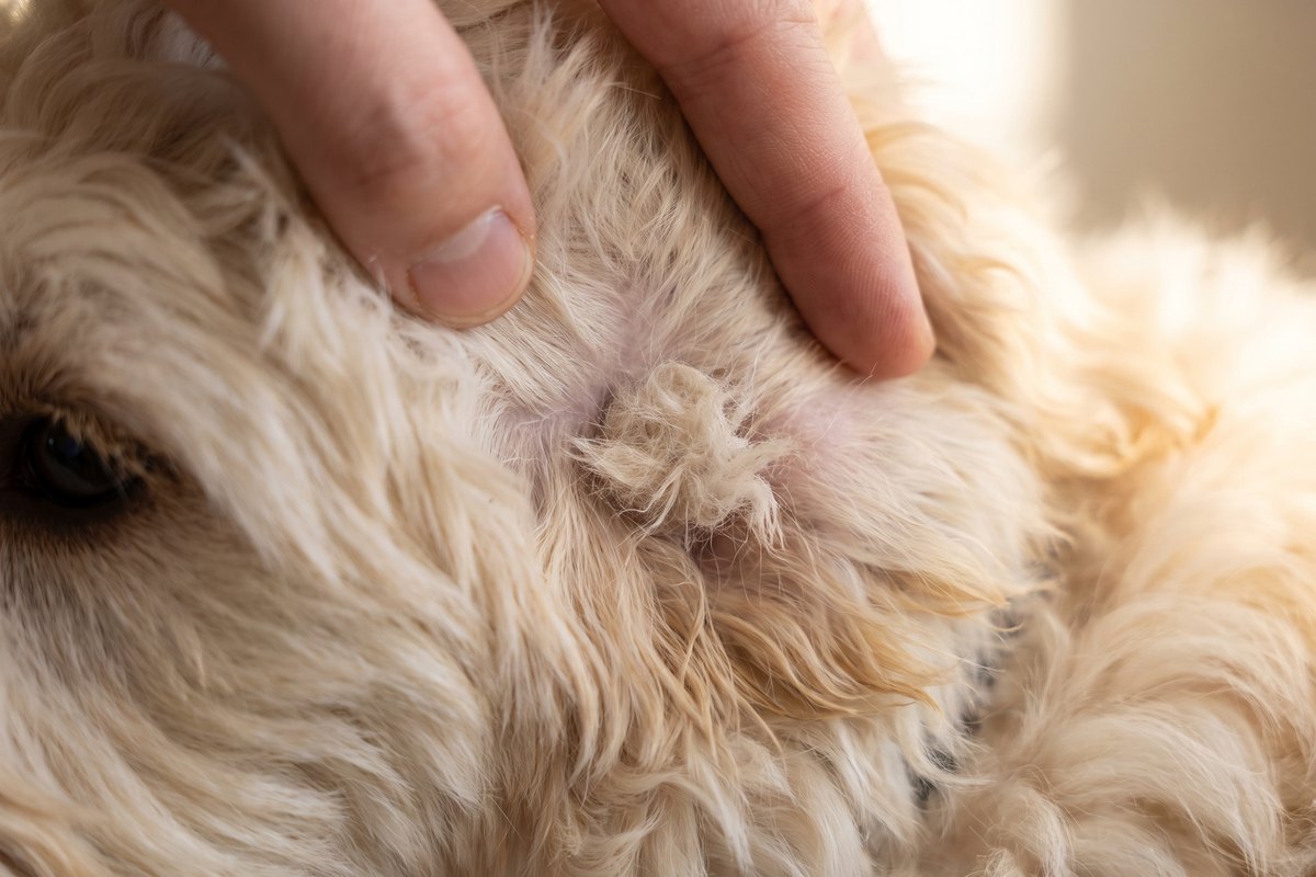 Vingers openen de crèmekleurige vacht aan de zijkant van de kop van een jonge labradoodle, naast het oog, en tonen een klein viltplukje vlak bij de huid