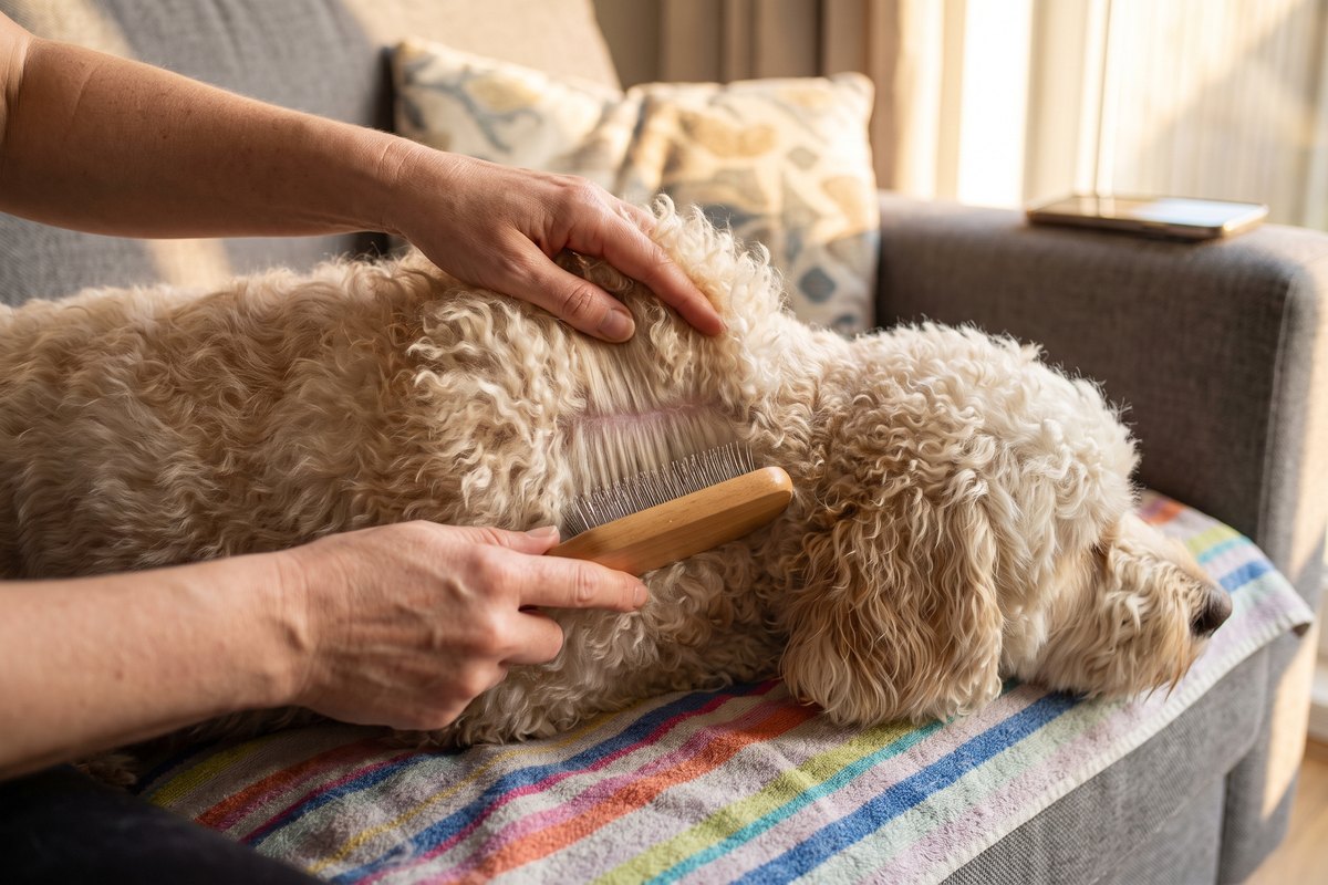 Hand houdt de krullen van een crème labradoodle omhoog zodat een streep huid zichtbaar is, de slicker borstelt eronder