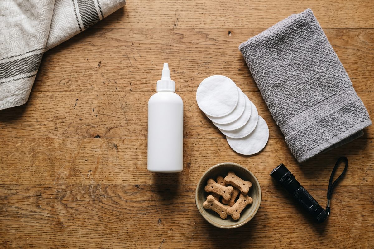 Flesje oorreiniger zonder etiket, wattenschijfjes, een grijs handdoekje, hondenkoekjes en een zaklampje op een eikenhouten tafel