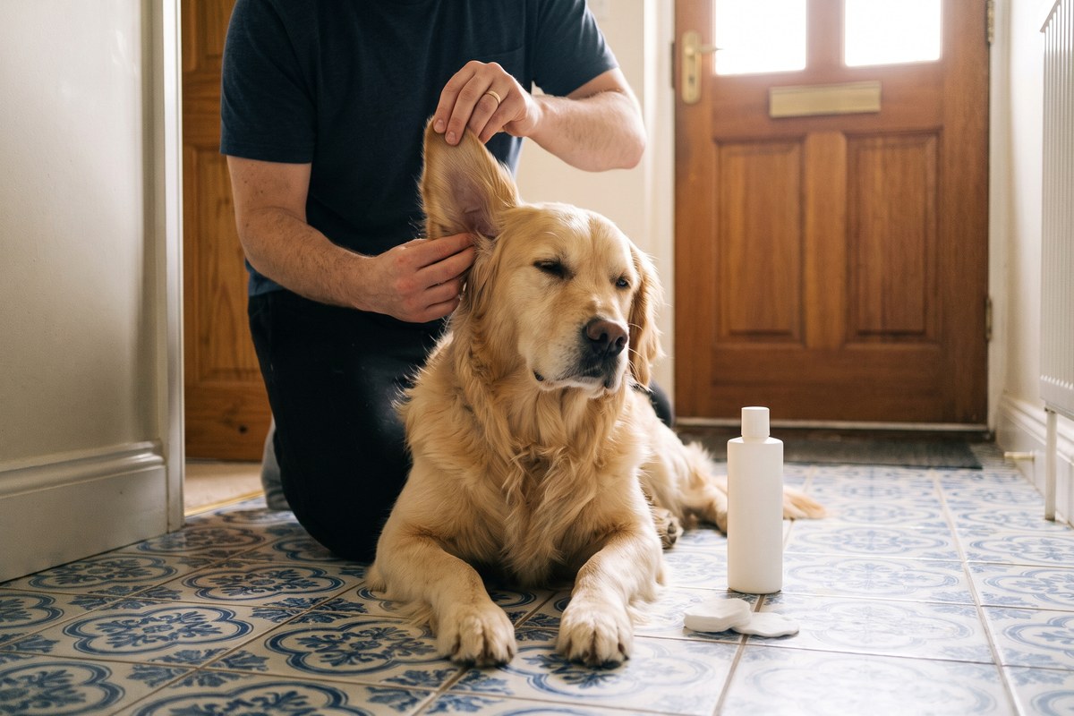 Man houdt in de gang het hangoor van een golden retriever omhoog en masseert met zijn vingers de basis van het oor