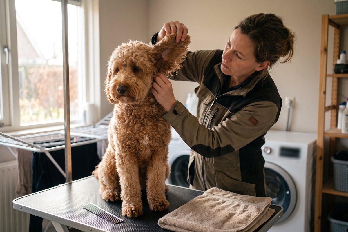 Baasje tilt op een trimtafel het krullende oor van een abrikooskleurige labradoodle op en kijkt naar het haar in het oor