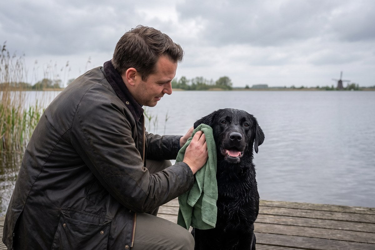 Man dept op een steiger aan een Hollands meer de hangoren van een natte zwarte labrador droog met een groene handdoek