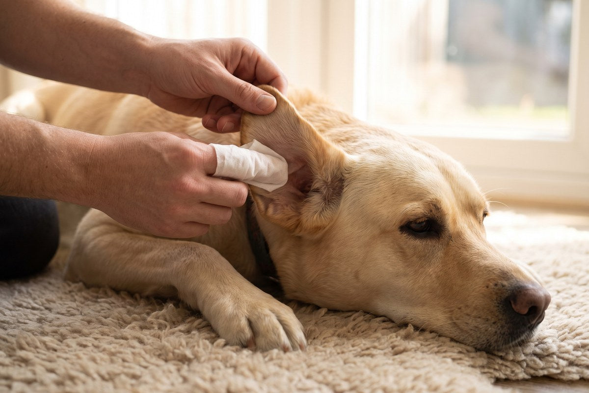 Hand met een zacht doekje om de wijsvinger veegt de binnenkant van de oorschelp van een blonde labrador schoon