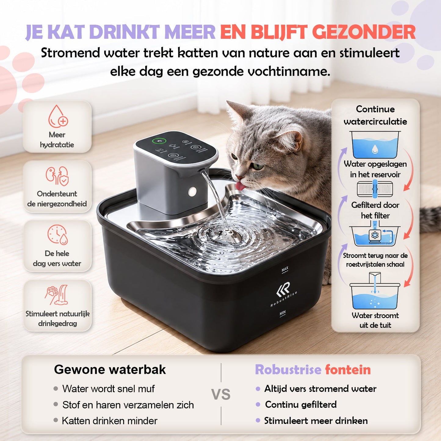 Pure Reign Kattenfontein 3,5L – Draadloos & Fluisterstil | Robustrise - Robustrise.nl