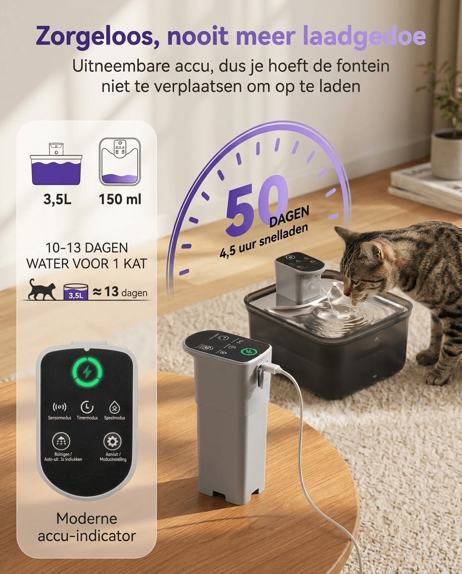 Pure Reign Kattenfontein 3,5L – Draadloos & Fluisterstil | Robustrise - Robustrise.nl