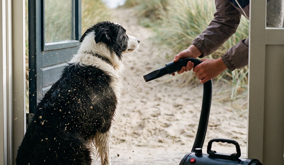 Natte border collie zit in de deuropening en wordt drooggeblazen met de slang van een zwarte Robustrise-waterblazer