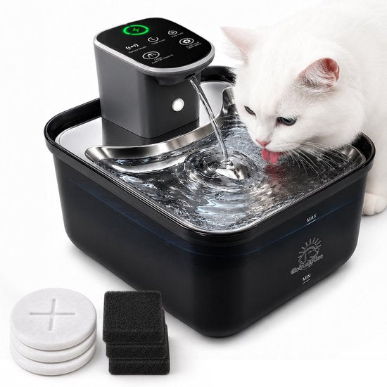 Robustrise Aqua Luxe kattenfontein 3,5L met kat die drinkt, inclusief 3 voorfilters en 3 koolstofsponzen