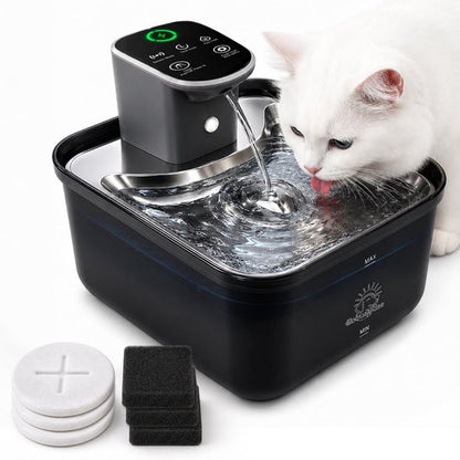 Robustrise Aqua Luxe kattenfontein 3,5L met kat die drinkt, inclusief 3 voorfilters en 3 koolstofsponzen