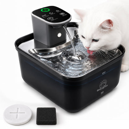 Robustrise Aqua Luxe kattenfontein 3,5L met witte kat die drinkt, inclusief filter en spons