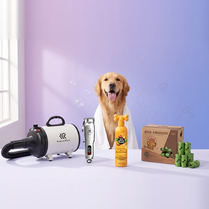 Complete hondenverzorging pakket: witte waterblazer, hondentondeuse, Pet Head Ultimutt Clean shampoo en poepzakjes met een blije golden retriever in een handdoek