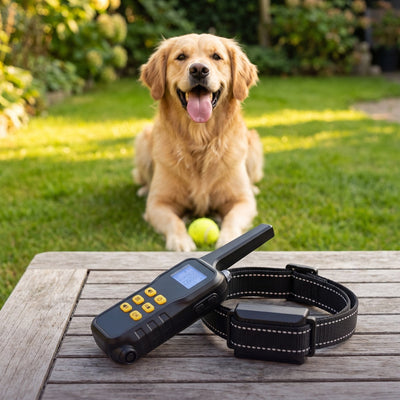 Vrolijke golden retriever in de tuin met de Robustrise X3 Pro afstandsbediening en anti-blafband zonder schok