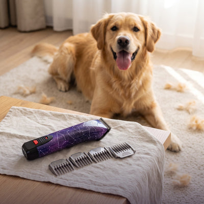 Vrolijke golden retriever naast de paarse Robustrise Apex Ultra hondentondeuse met vier metalen opzetkammen