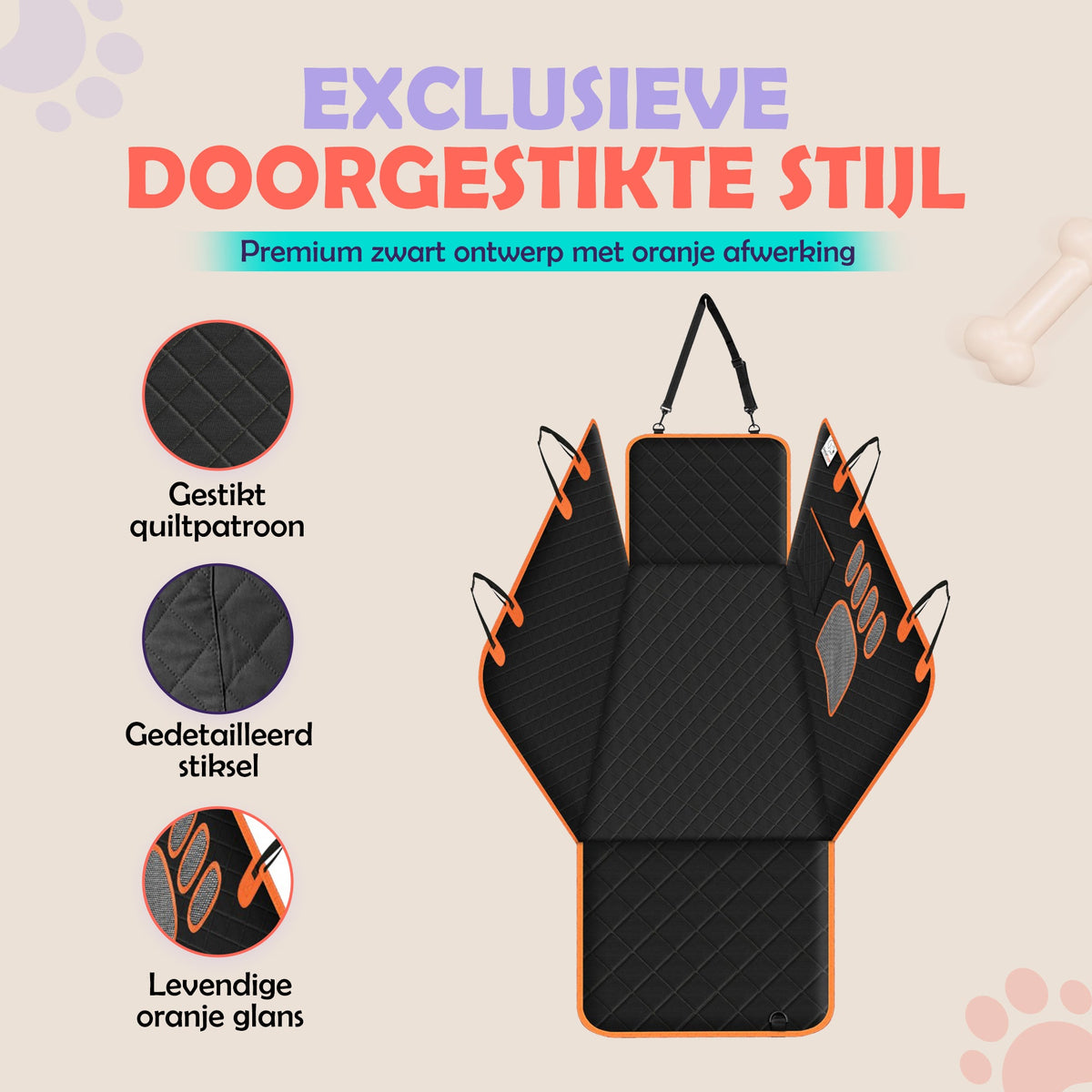 Uitgeklapte zwarte hondendeken met oranje afwerking, gestikt patroon en zijflappen