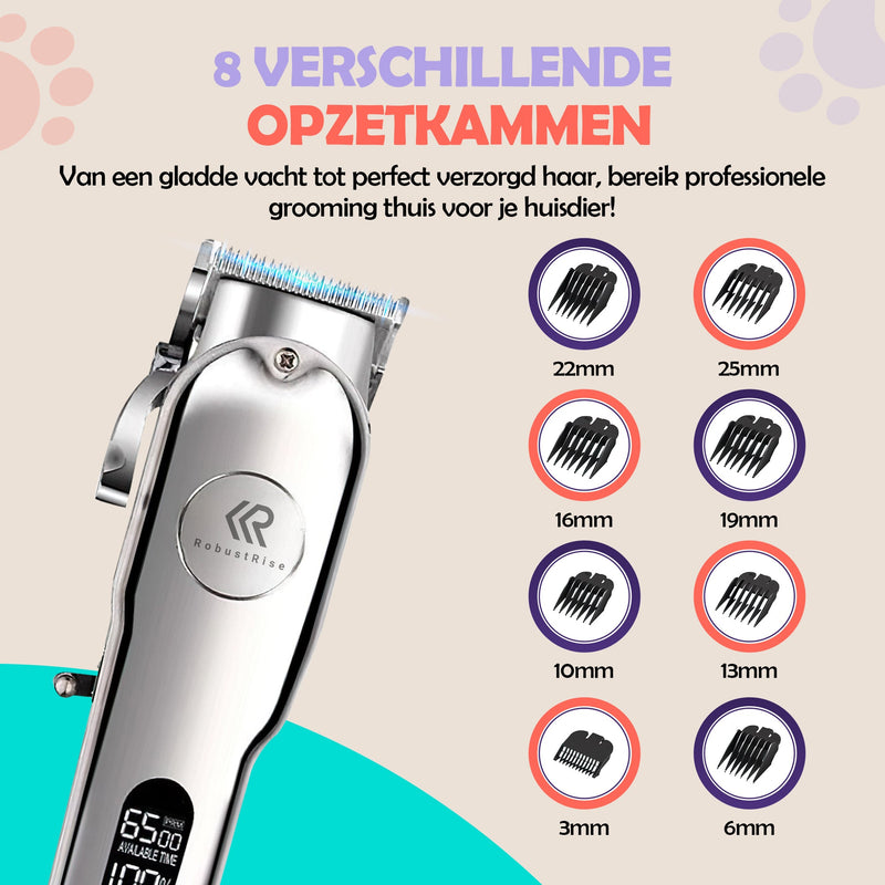 Zilveren Robustrise hondentondeuse naast acht opzetkammen met de lengtes 3, 6, 10, 13, 16, 19, 22 en 25 mm