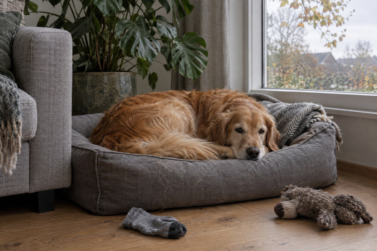 Golden retriever ligt op een grijze mand naast de bank en een grote plant in een Nederlandse woonkamer