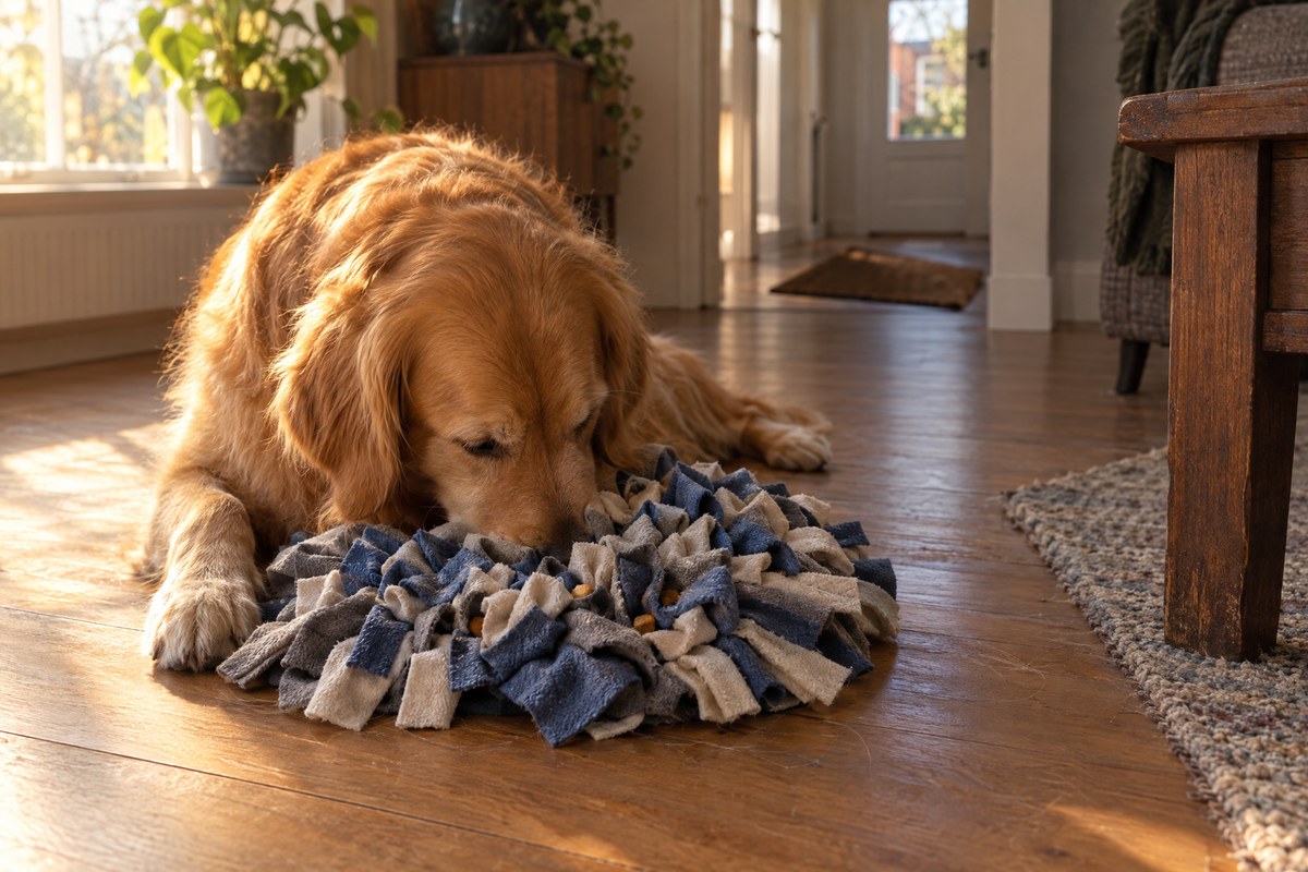 Golden retriever snuffelt met zijn neus in een fleece snuffelmat op de houten vloer van een woonkamer