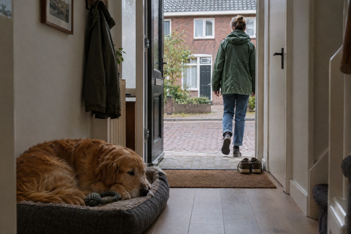 Een vrouw in groene regenjas loopt de voordeur uit terwijl de golden retriever rustig op zijn mand blijft liggen