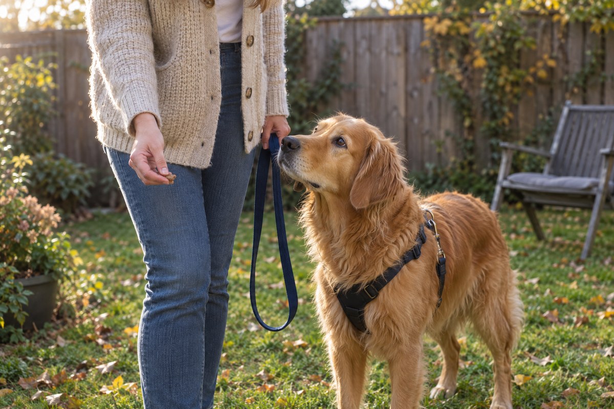 Golden retriever staat in een tuin aan een losse lijn naast een vrouw die een brokje beloning bij haar been houdt