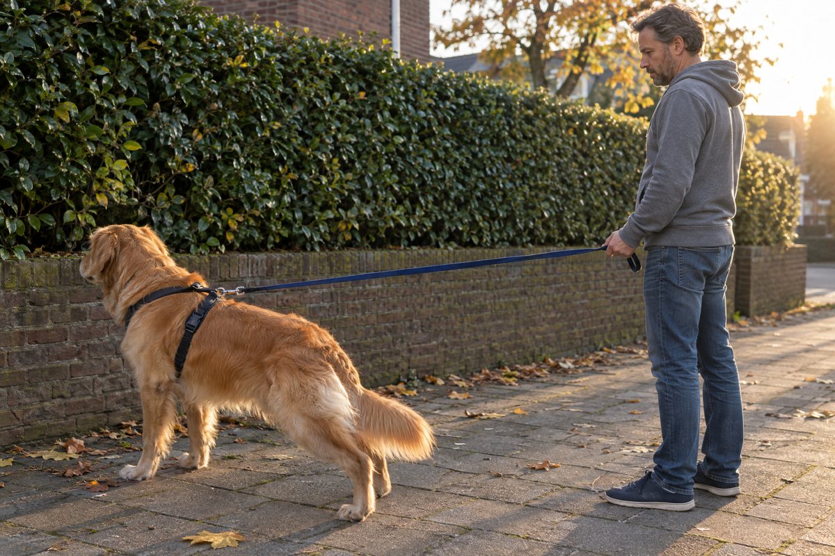 Man staat stil op een Nederlandse stoep terwijl zijn golden retriever aan een strakke lijn naar een heg trekt