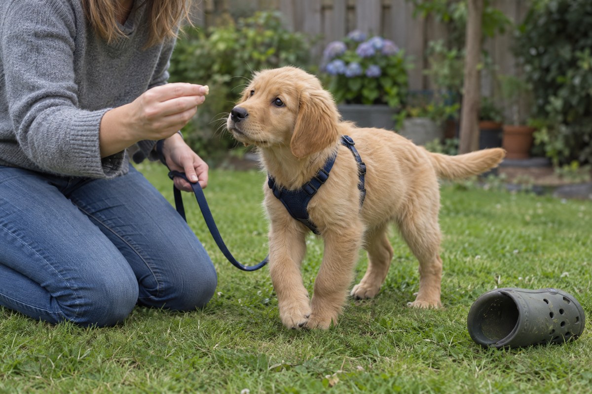 Golden retrieverpup in tuigje loopt aan een losse lijn over het gras terwijl een vrouw knielend een brokje aanbiedt