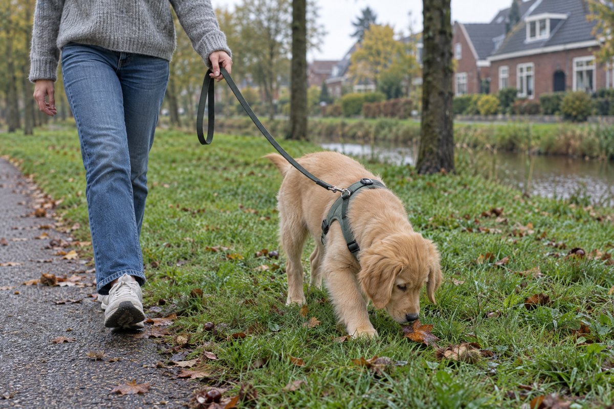 Golden retrieverpup in tuigje snuffelt aan een blaadje op een grasstrook langs een sloot