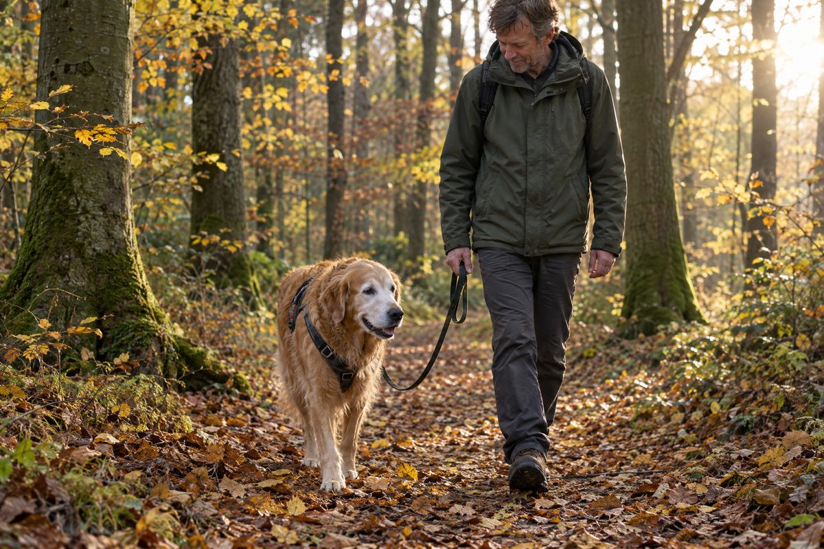 Oudere golden retriever met grijze snuit loopt langzaam over een bospad vol herfstbladeren