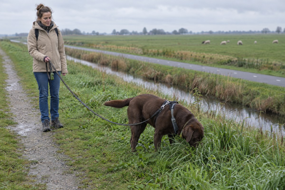 Bruine labrador snuffelt in het lange gras langs een dijkpad terwijl zijn baasje wacht
