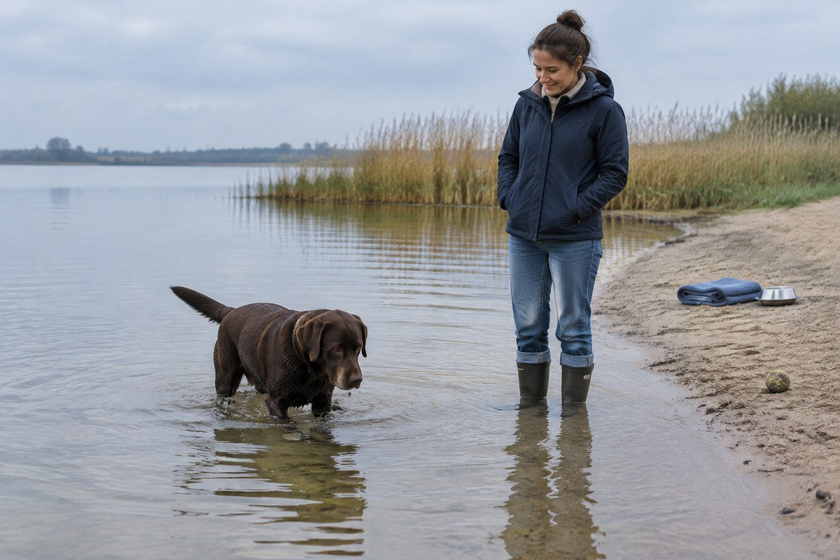 Chocolade labrador loopt zelf het ondiepe water in, een vrouw staat rustig naast hem