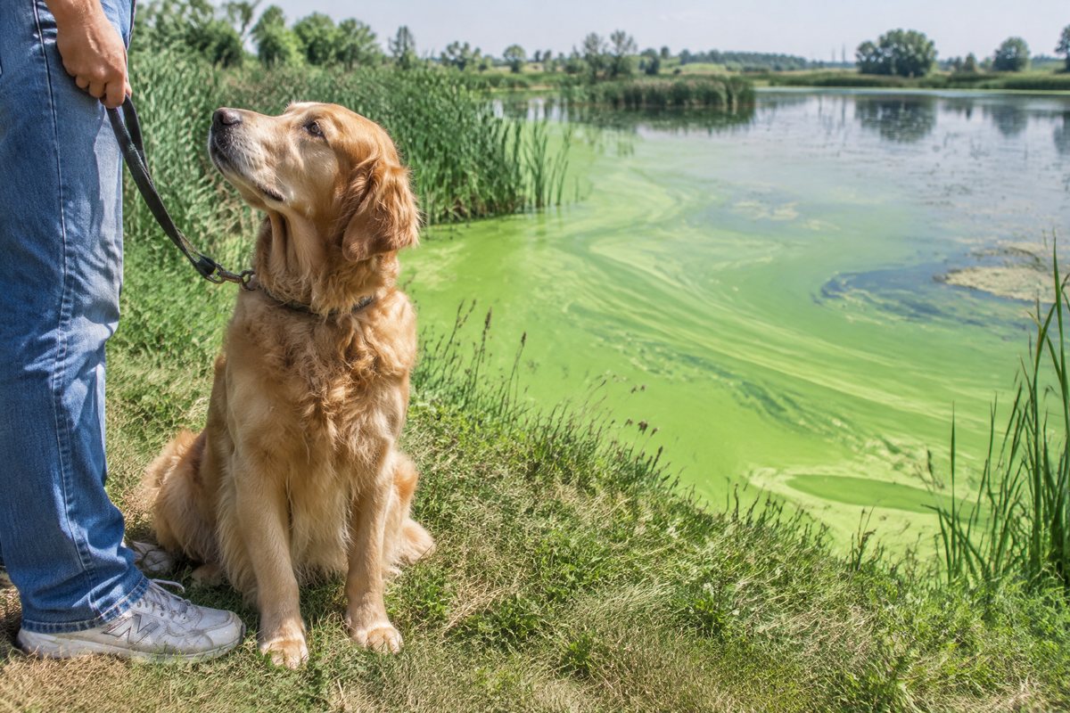 Golden retriever zit aan de lijn op de oever naast een vijver met felgroene blauwalg