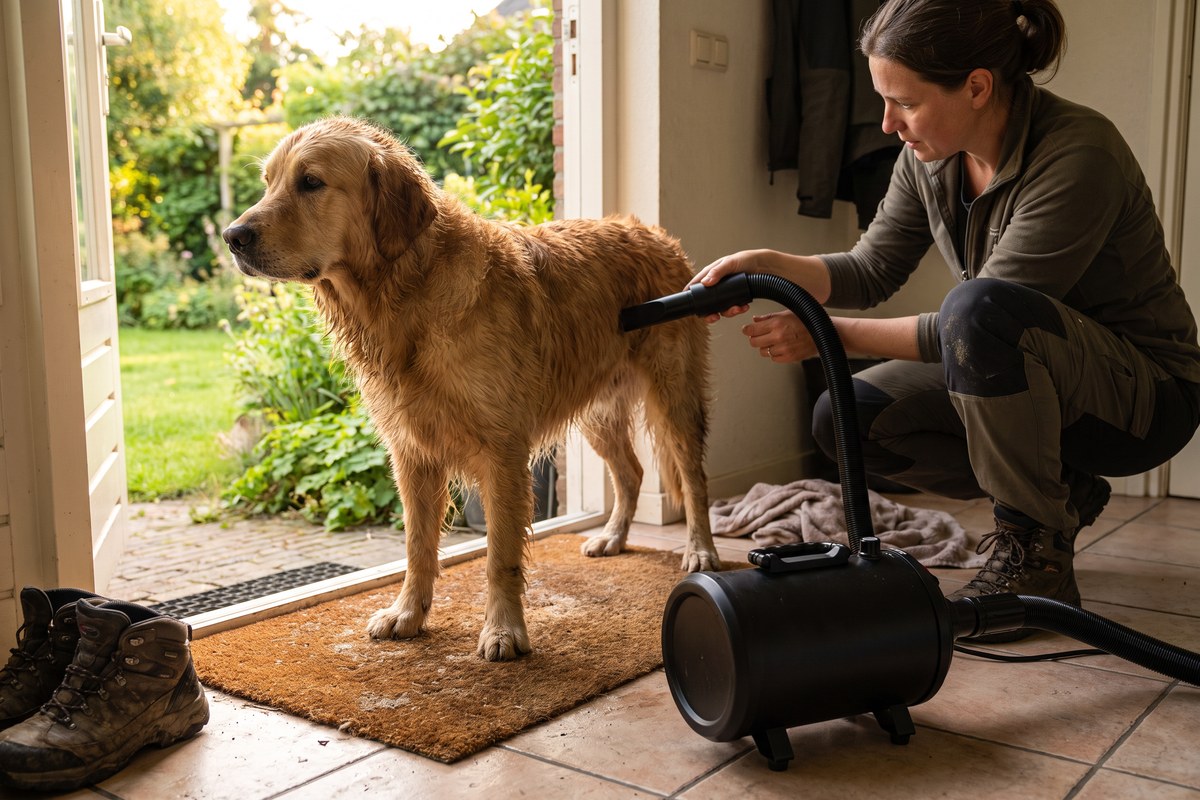 Natte golden retriever op de deurmat wordt drooggeblazen met een zwarte waterblazer
