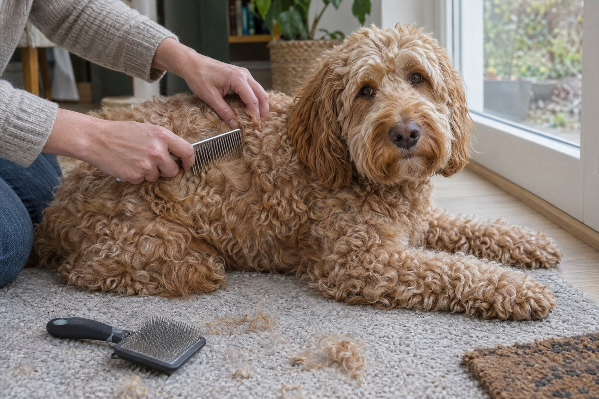Abrikooskleurige labradoodle ligt op een vloerkleed terwijl twee handen de krullen met een kam doorlopen