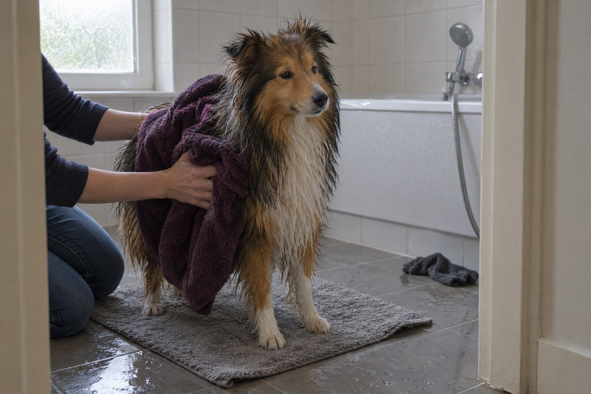 Natte langharige sheltie staat op een badmat terwijl iemand het water met een paarse handdoek uit de vacht drukt