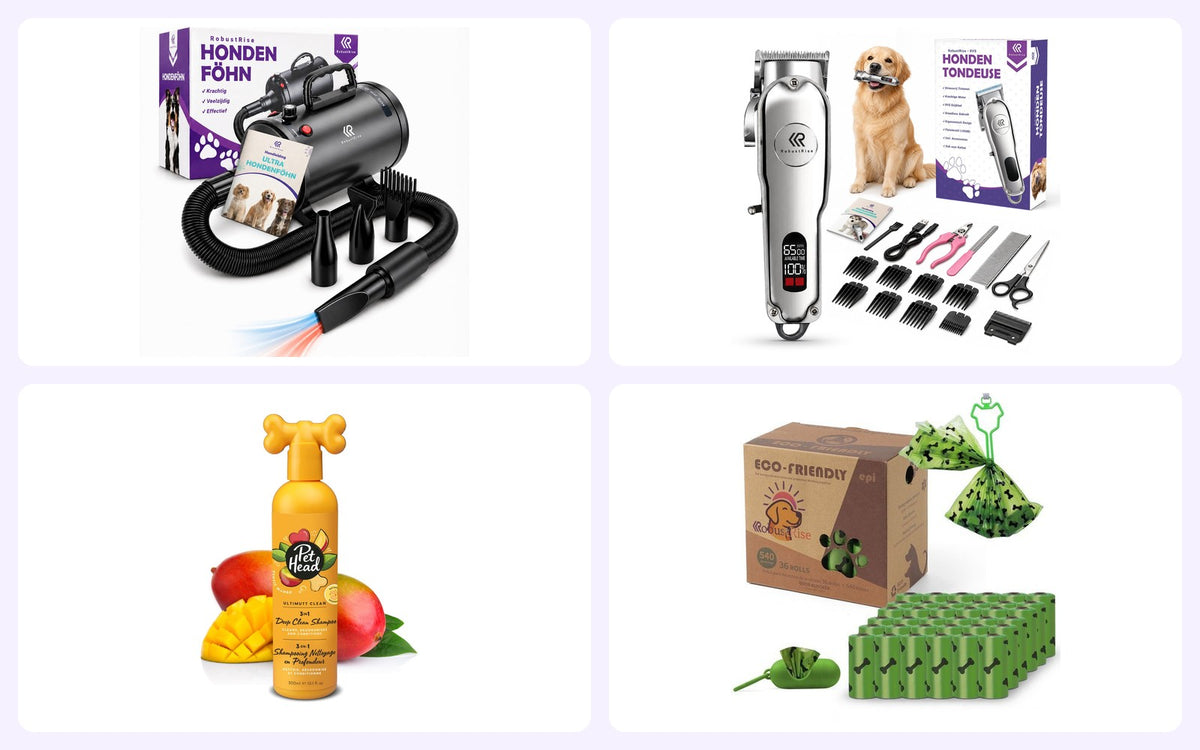 Overzichtsfoto van de producten die samen het complete hondenverzorging pakket vormen