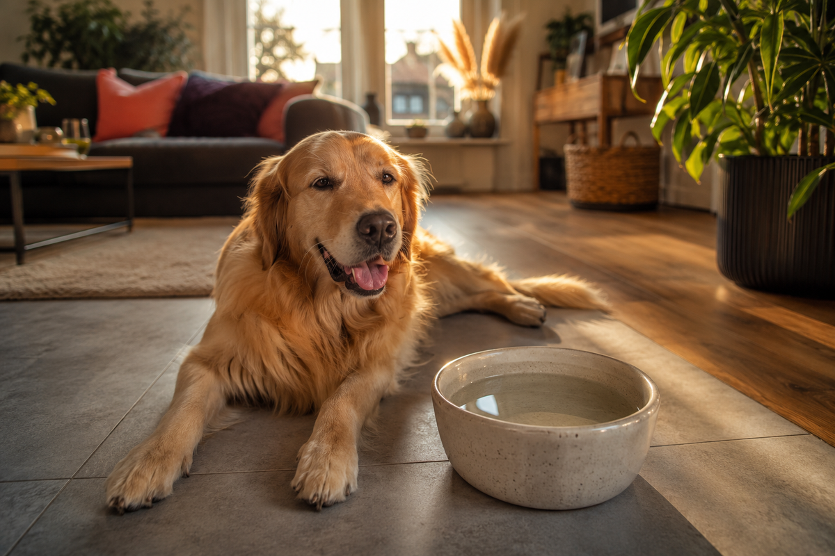 Golden Retriever ligt op een koele tegelvloer bij een waterbak op een warme dag