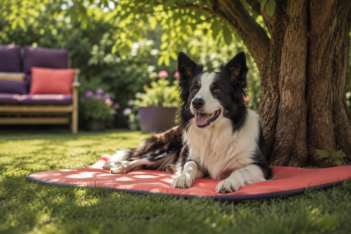Zwart-witte border collie ligt ontspannen op een koraalkleurige mat in de schaduw van een boom in de tuin
